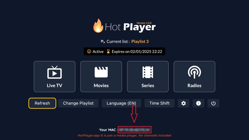 guida-installazione-iptv 1 Schermata dell'applicazione HotIPTV con l'indirizzo MAC del dispositivo